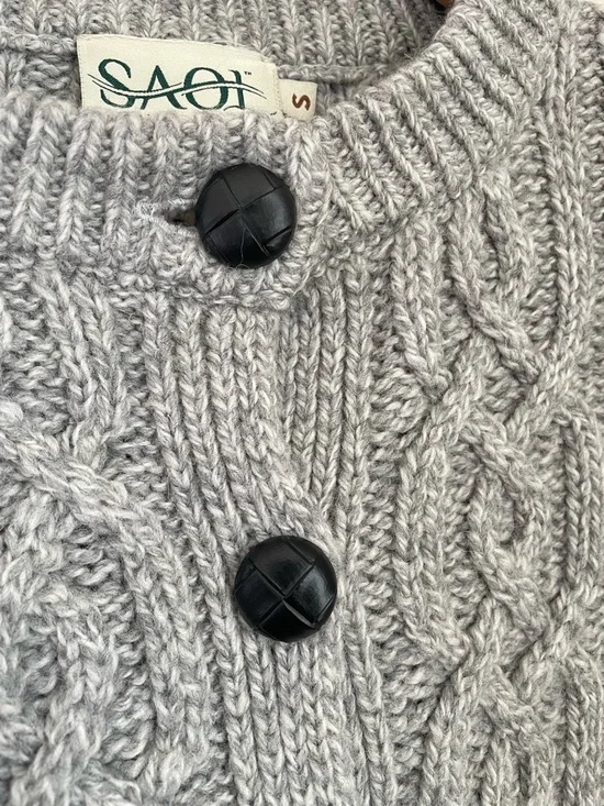 SAOL Ireland Aran 100% Merino Wool Cable Knit Button Cardigan Grey Size Small - Picture 6 of 11